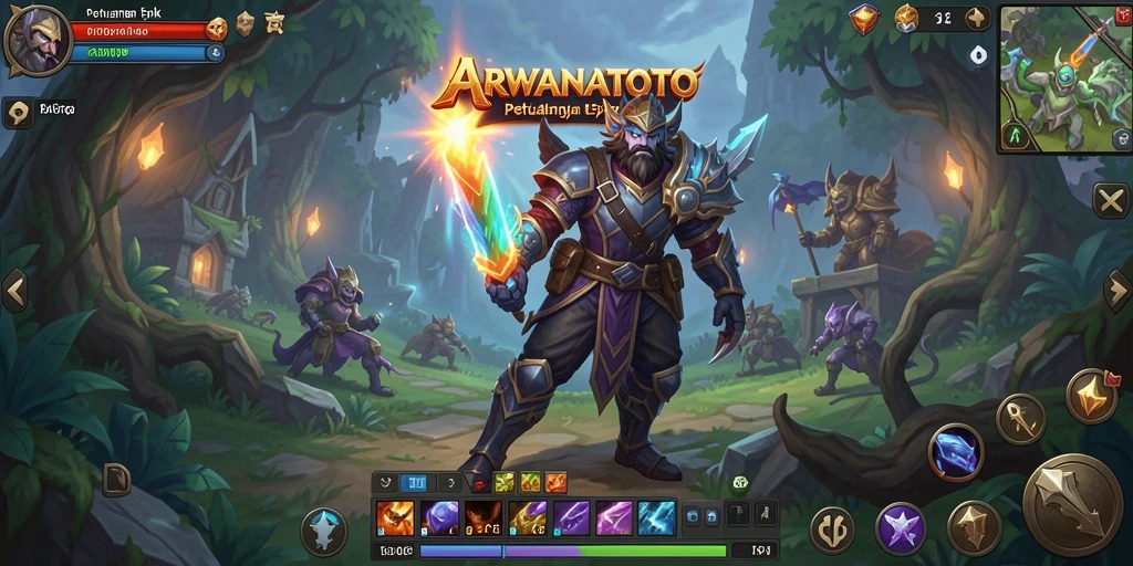 Tangkapan layar gameplay ARWANATOTO yang menunjukkan pertarungan dalam dunia fantasi.