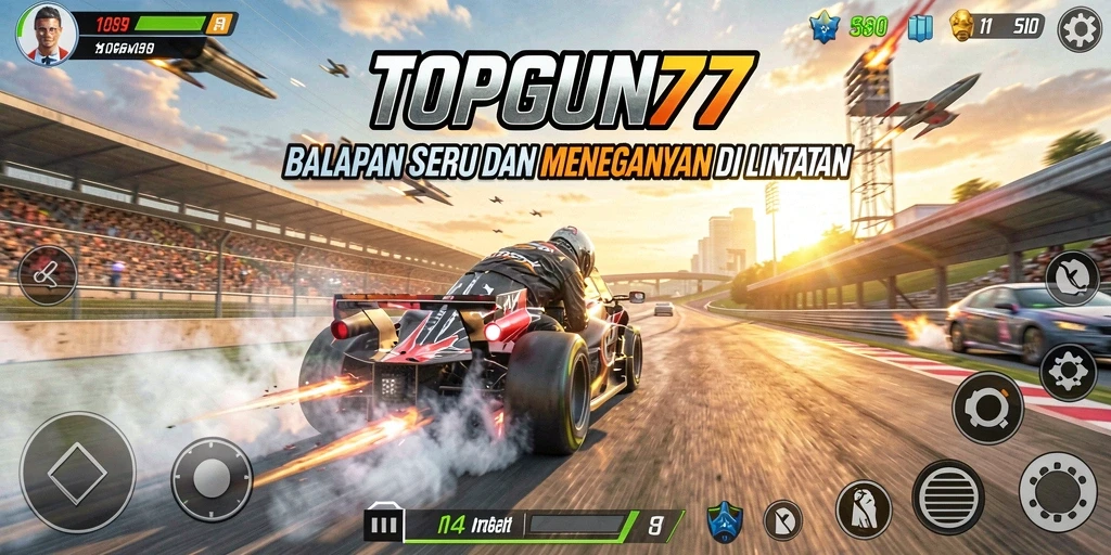 Tangkapan layar dari gameplay seru di TOPGUN77 menunjukkan aksi balap yang mendebarkan.