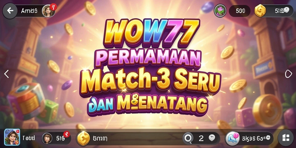 Tangkapan layar gameplay WOW77 menampilkan aksi Match-3 yang seru dan penuh warna.